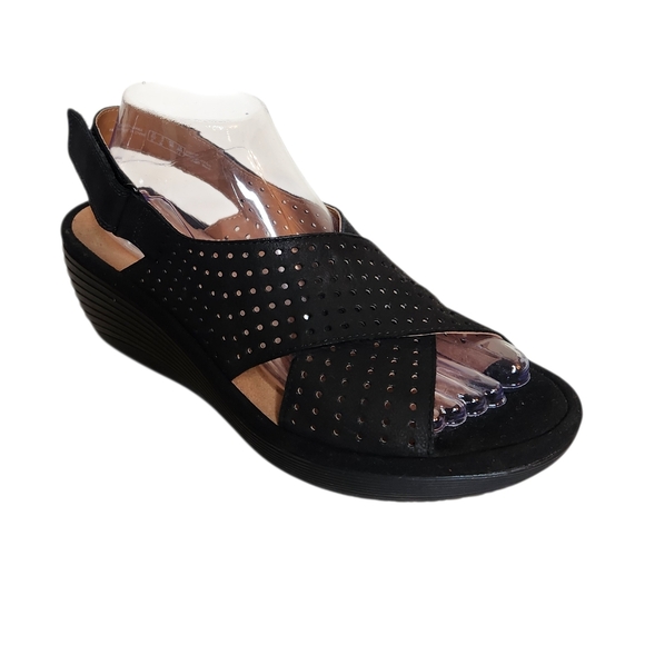 Clarks Shoes - Clarks Reedly Variel Black Nubuck Perforated Wedge Heel Sandals 9M